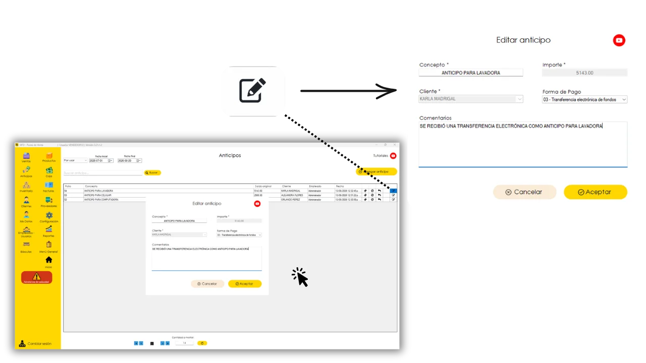 Ventana de Editar anticipo con concepto, importe, cliente, forma de pago y comentarios