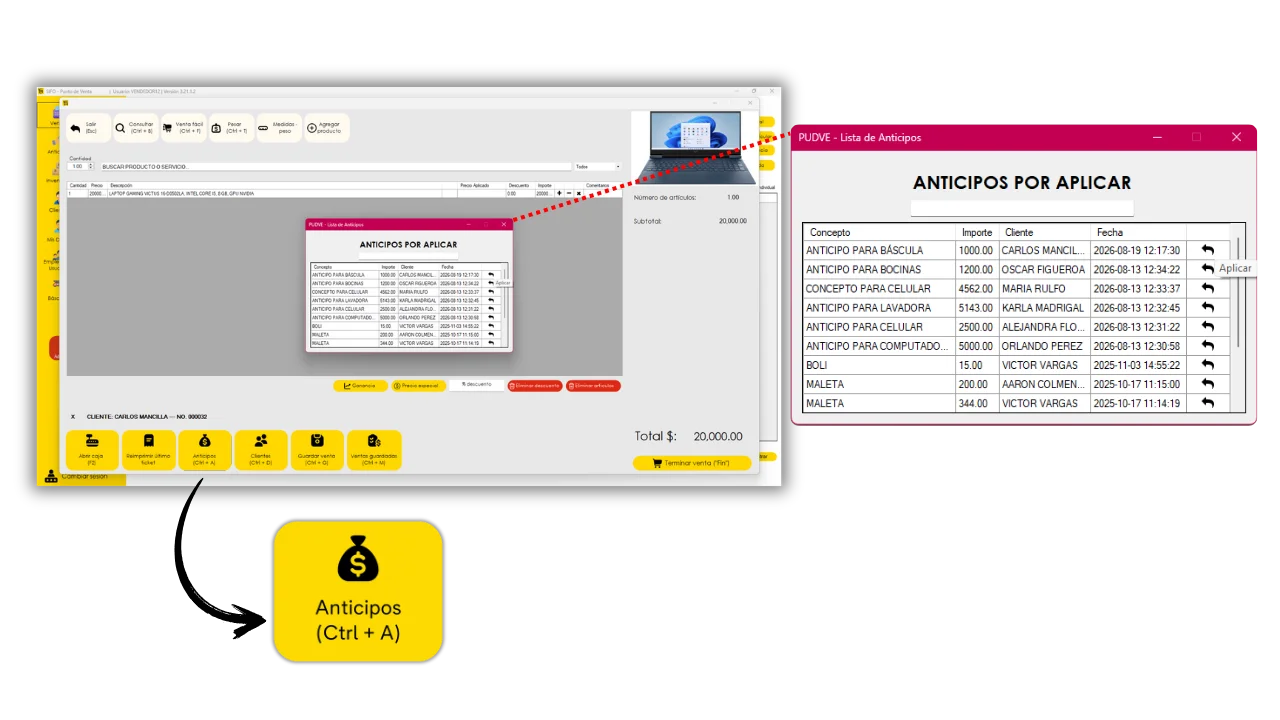Lista de anticipos por aplicar en una venta con el atajo Ctrl+A