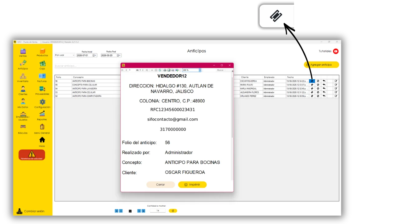 Abrir el ticket de un anticipo desde el listado