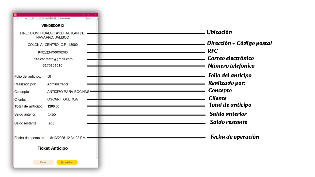 Ticket de anticipo con folio, cliente, total, saldo anterior y saldo restante