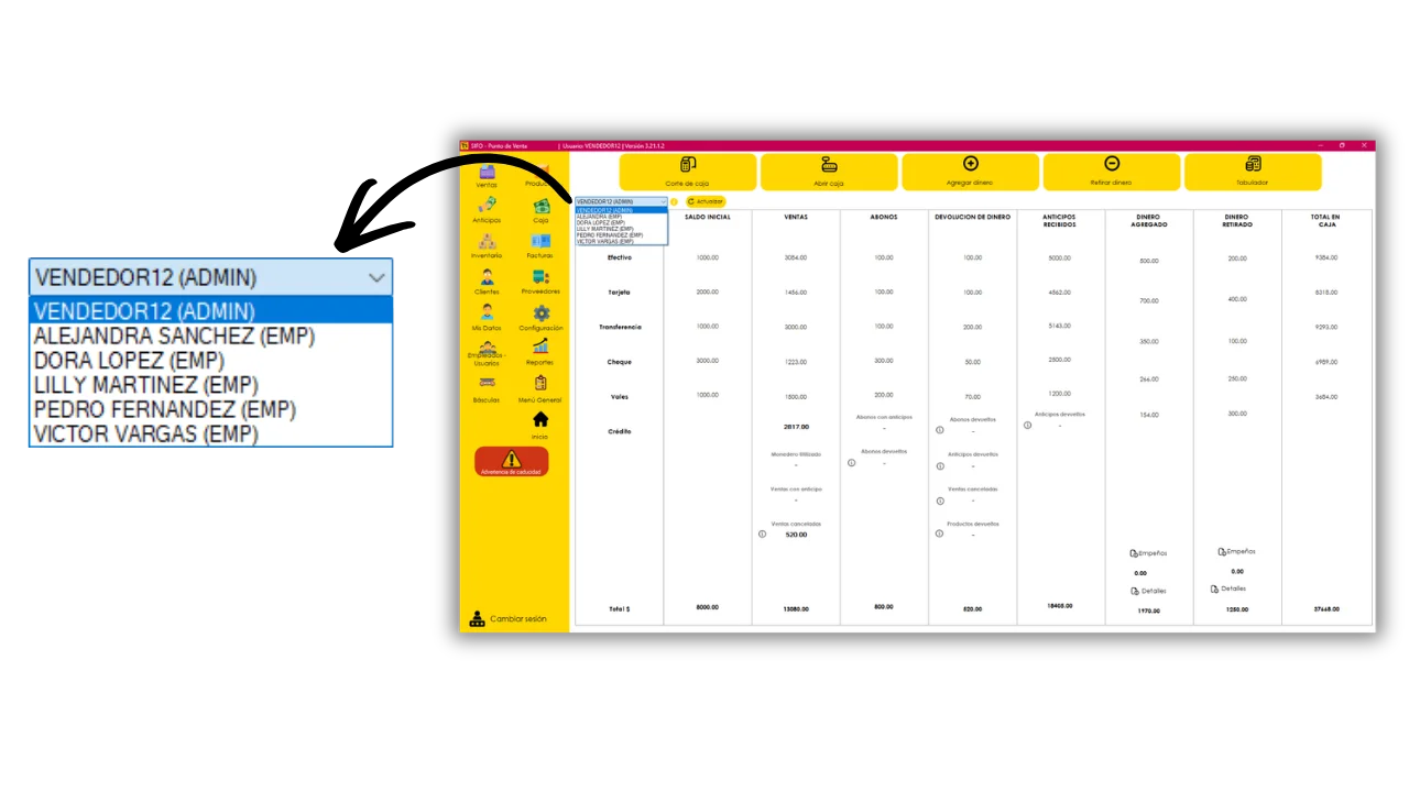 Selector de cajeros y empleados para revisar movimientos de caja