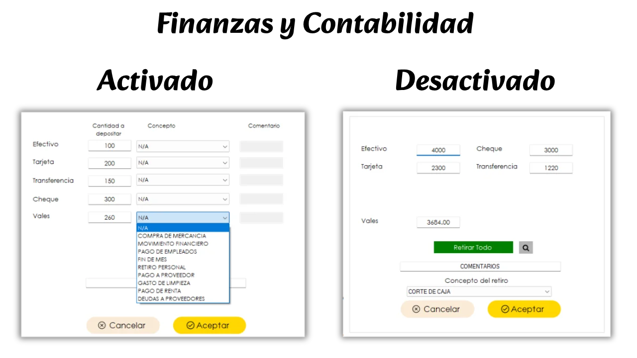 Comparación de ventana básica y ventana con Finanzas y Contabilidad activada para agregar dinero