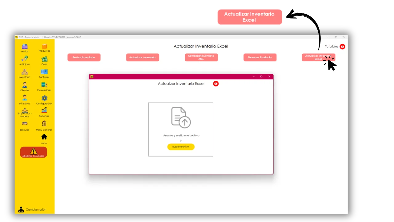 Ventana para arrastrar o seleccionar un archivo Excel en Actualizar Inventario Excel