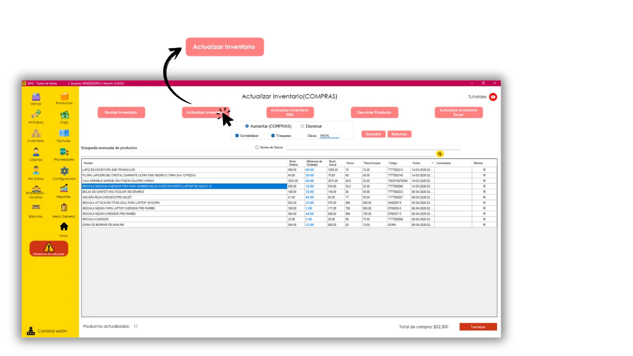 Ventana de Actualizar Inventario con clave de traspasos, número de factura y comparación de precios