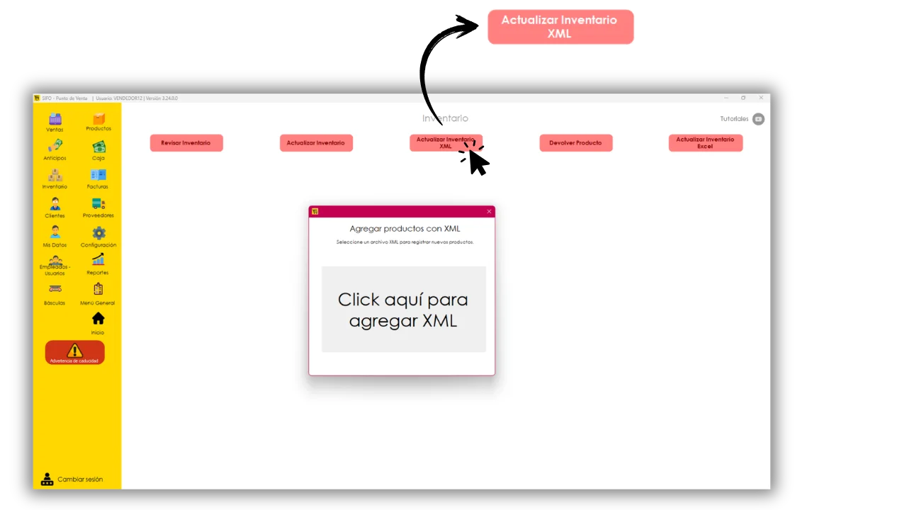 Ventana para arrastrar y cargar un archivo XML en Actualizar Inventario XML