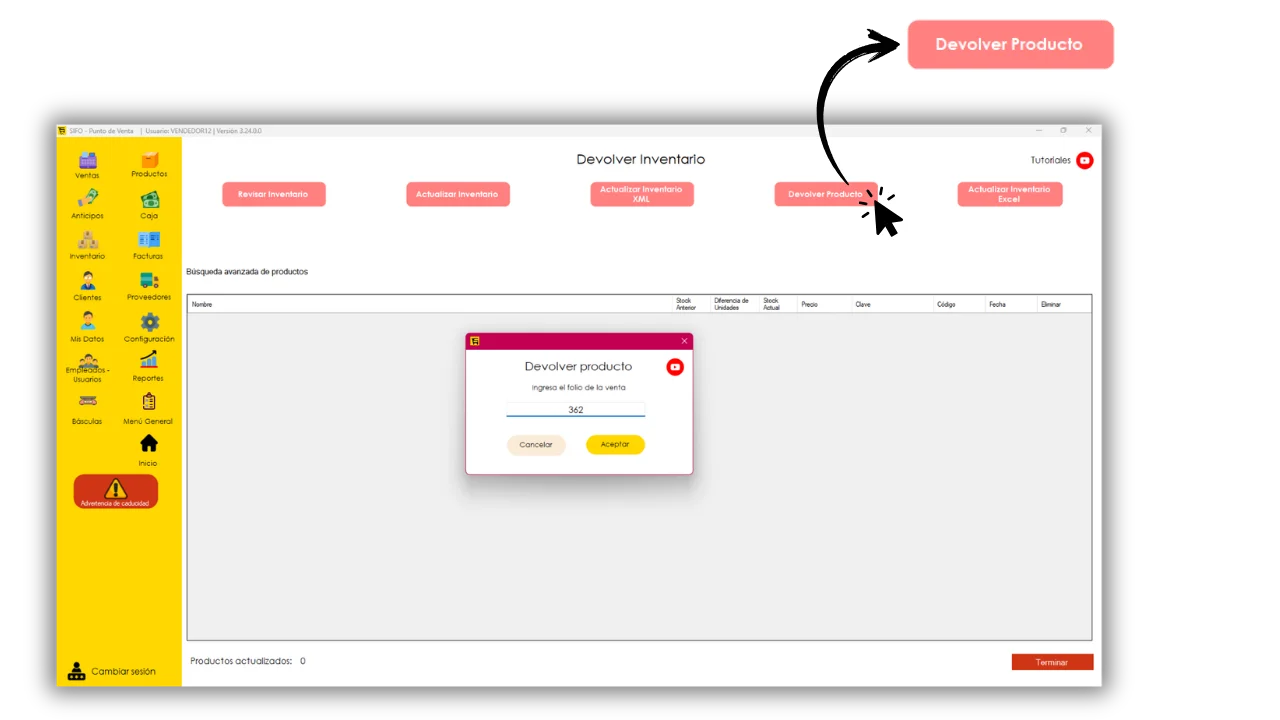 Búsqueda de una venta por folio para devolver un producto