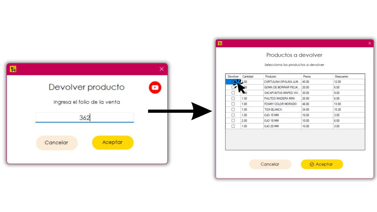 Selección del producto a devolver dentro de la venta encontrada