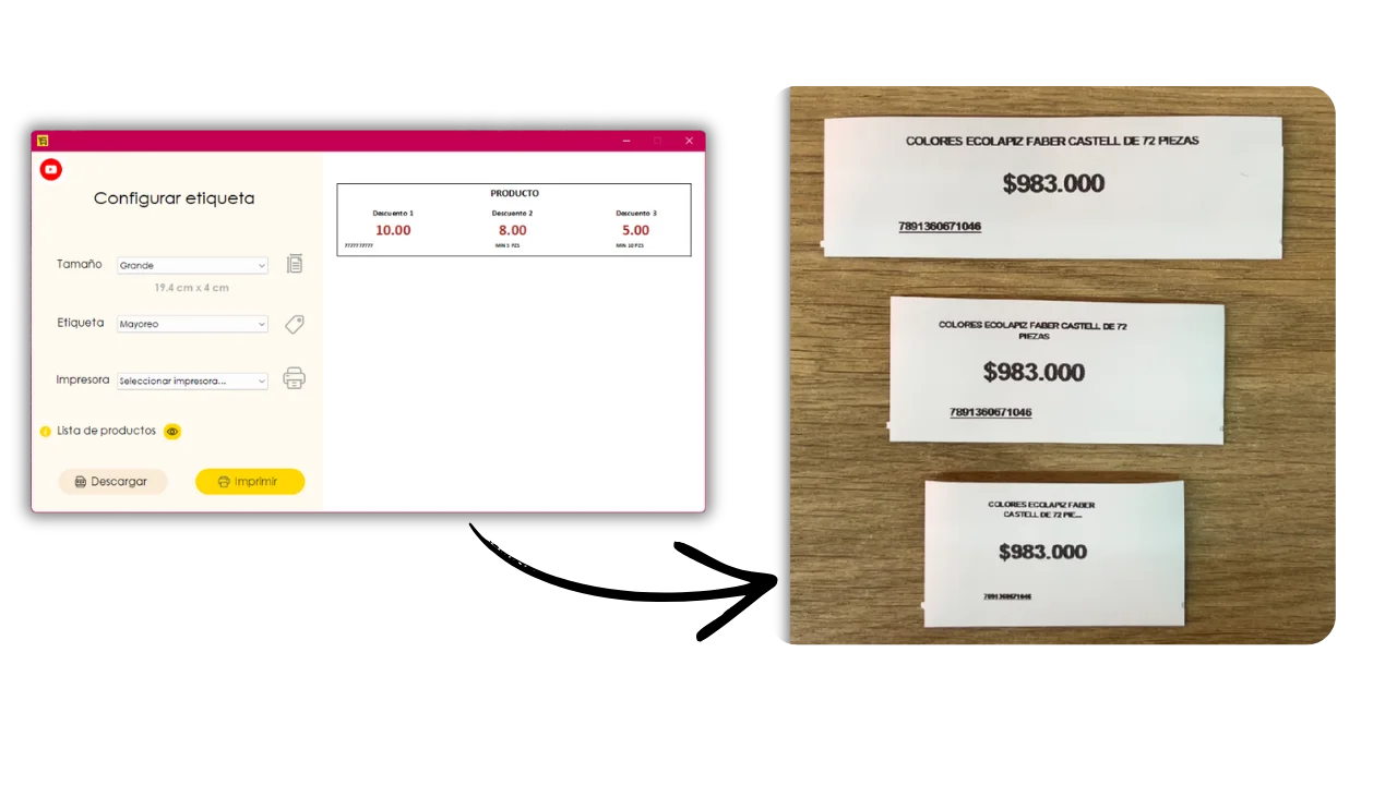 Configurar tamaño, etiqueta e impresora para etiquetas de precio y ejemplos impresos