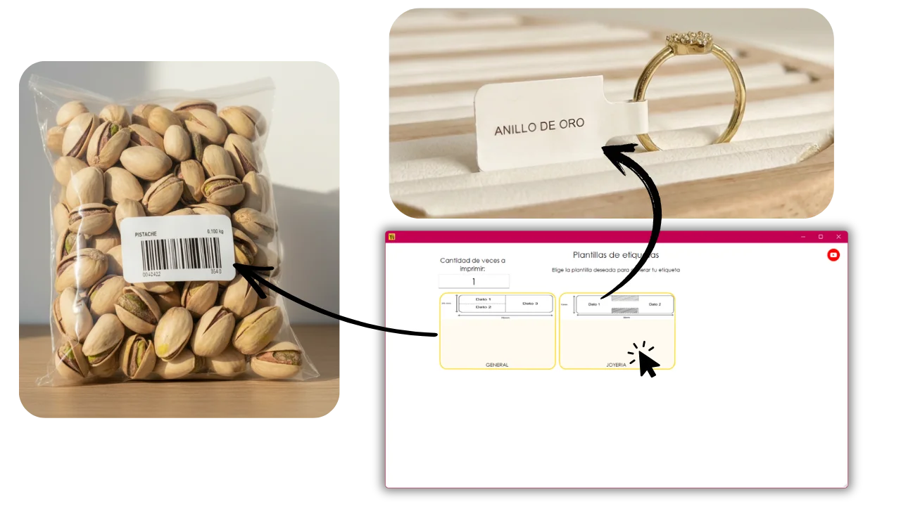Plantillas de etiquetas adhesivas y ejemplos en productos a granel y joyería
