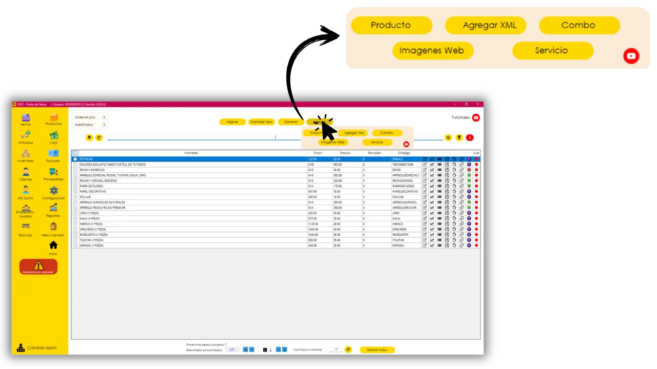 Menú de opciones del botón Agregar: Producto, Agregar XML, Combo, Imágenes Web y Servicio