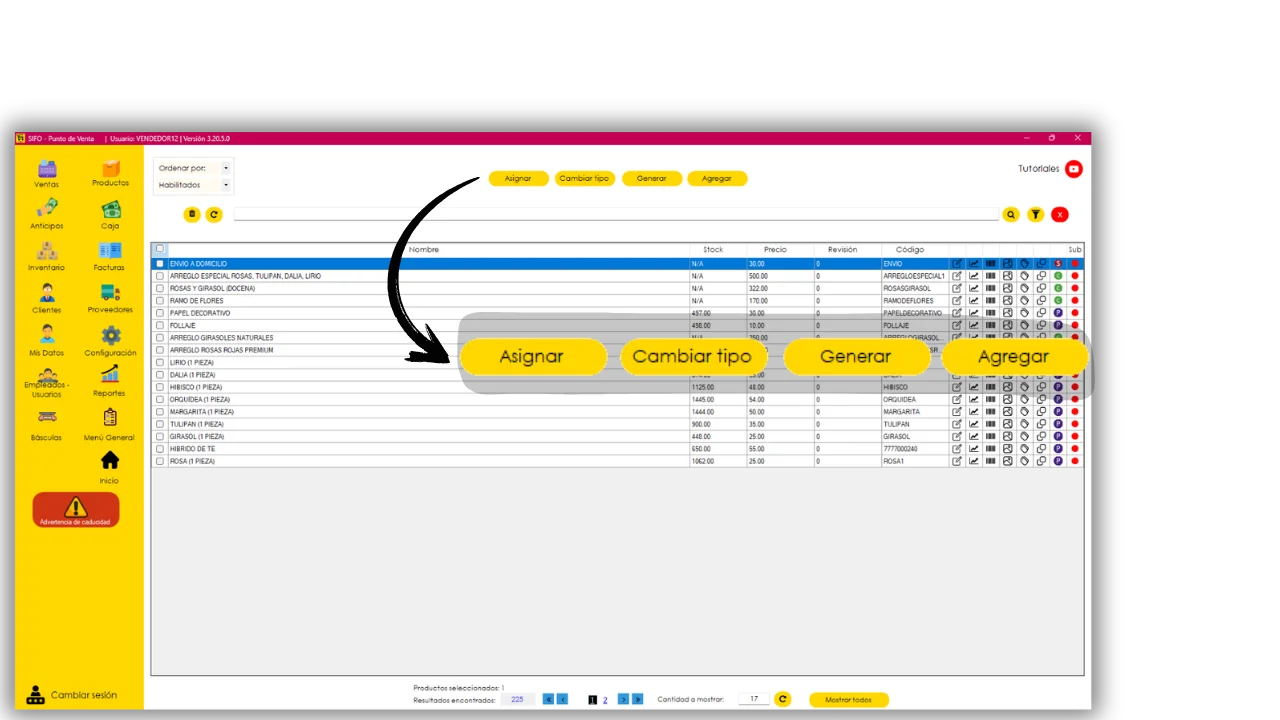 Subfunciones de Productos: Asignar, Cambiar tipo, Generar y Agregar