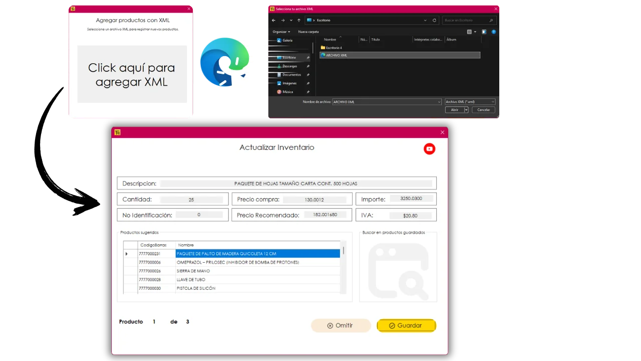 Proceso de arrastrar archivo XML y actualizar inventario