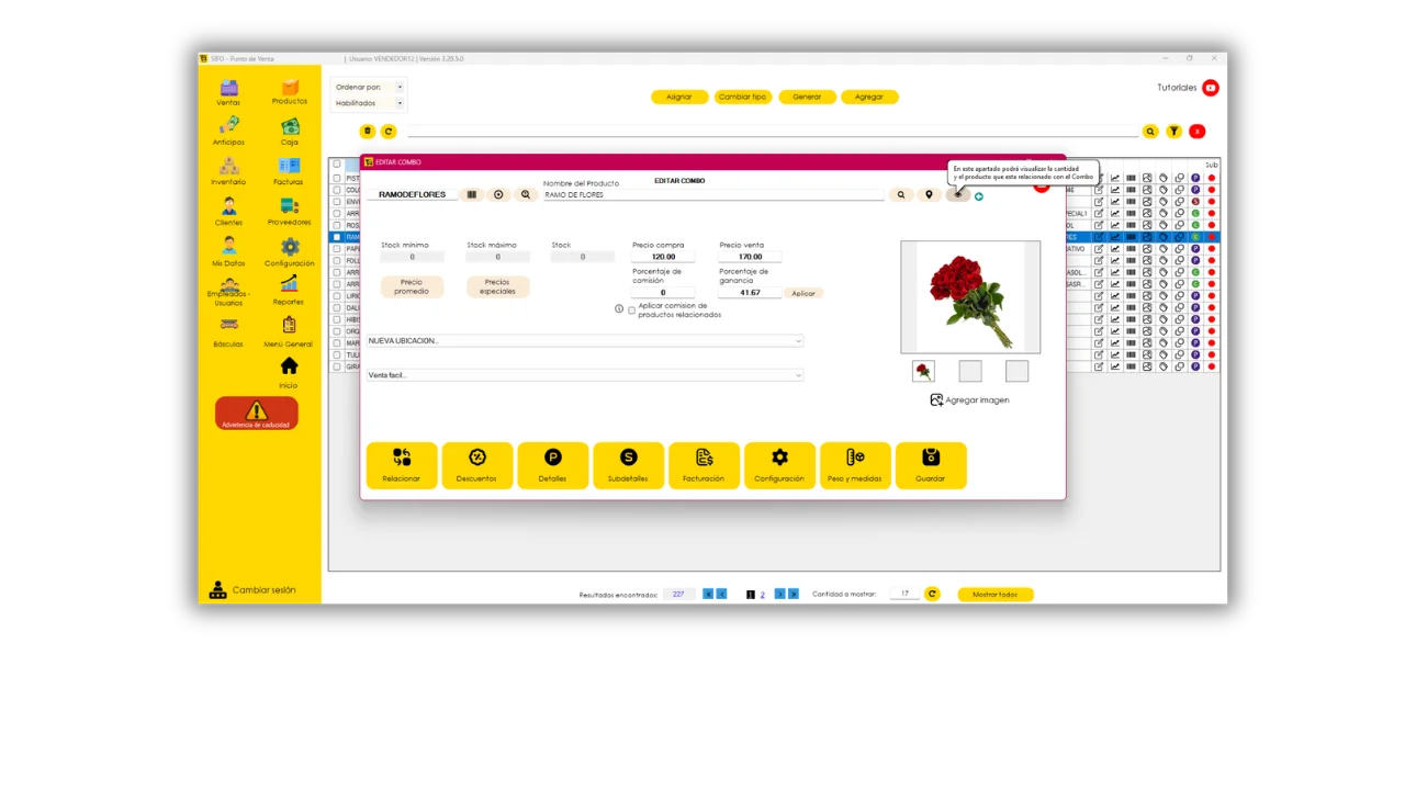 Ventana de edición de combo con precio, comisión y ganancia
