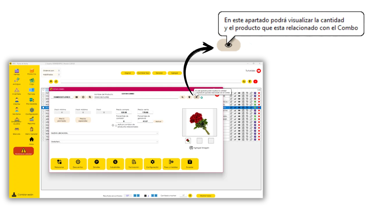Ventana de productos relacionados con un combo