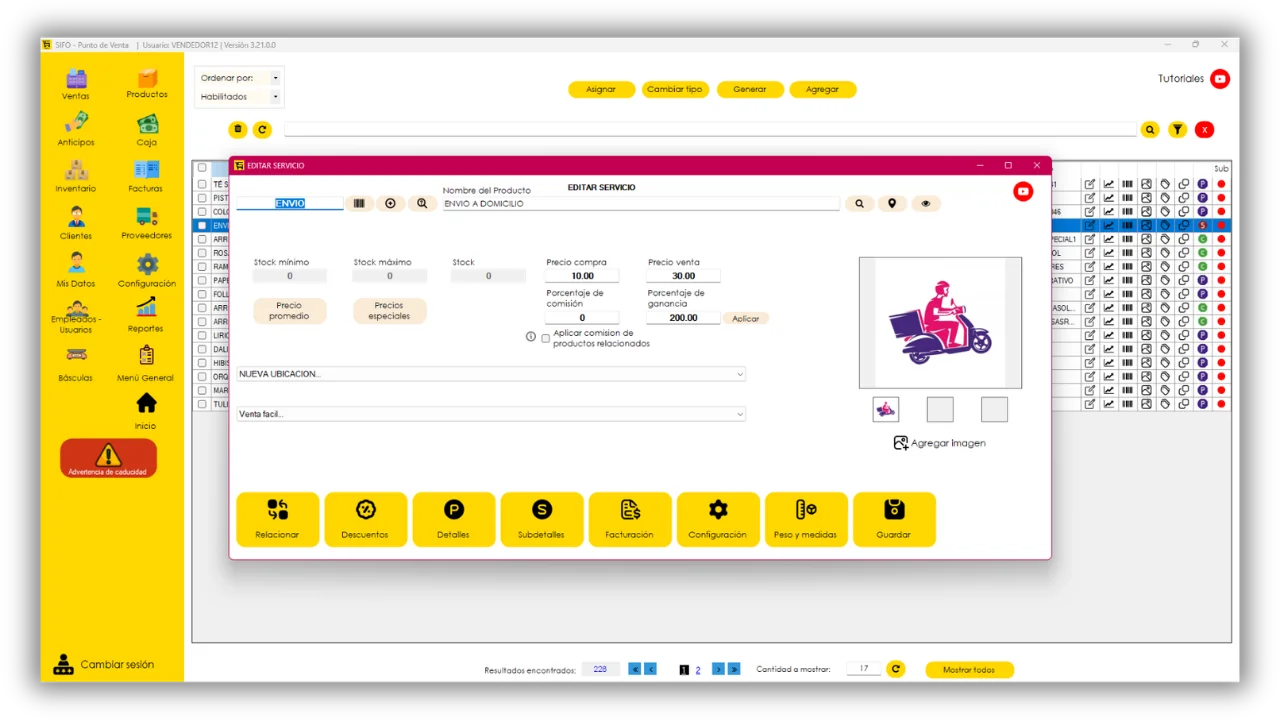Ventana de edición de servicio con precio de venta e imagen