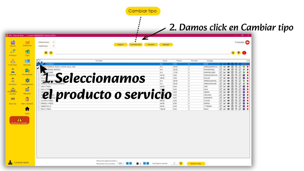 Seleccionar producto o servicio y dar clic en Cambiar tipo