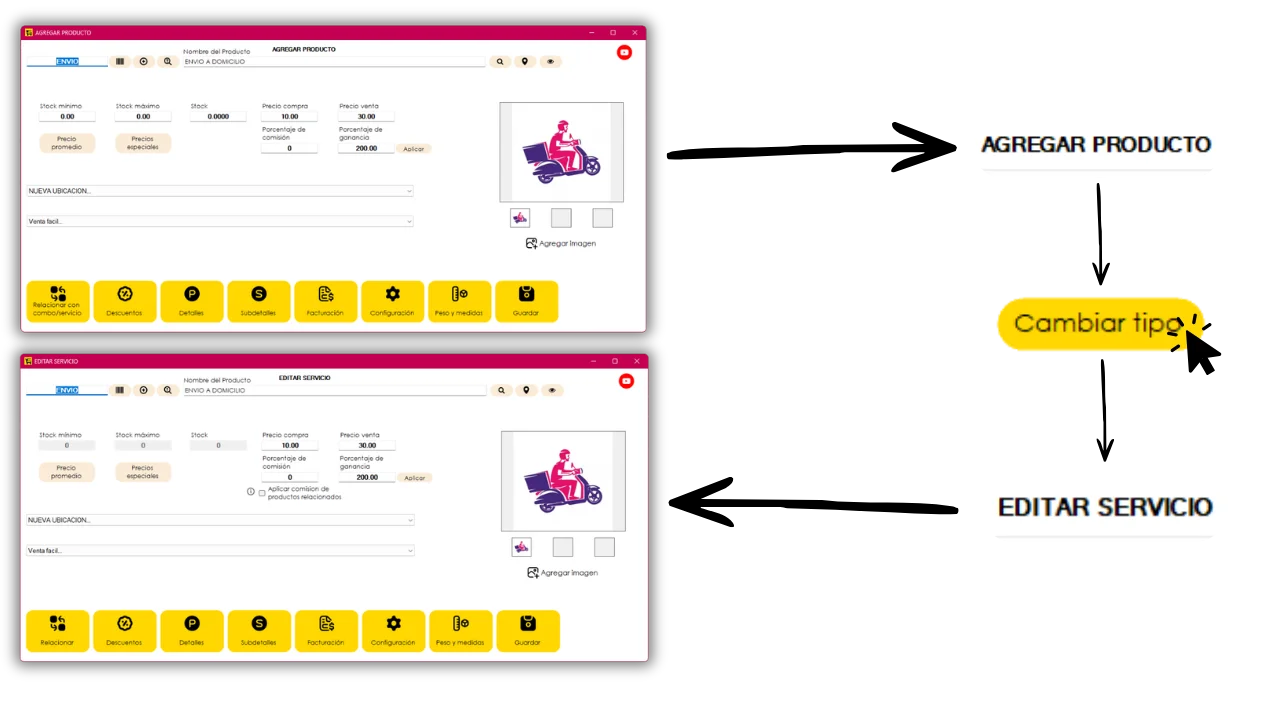 Flujo de Agregar producto a Editar servicio con Cambiar tipo