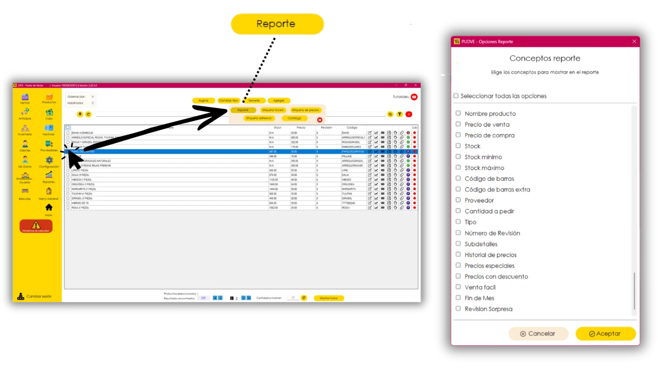 Ventana de opciones para generar Reporte de productos