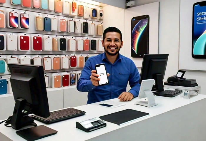 imagen de una persona afuera de su negocio que utiliza un punto de venta para tienda de celulares